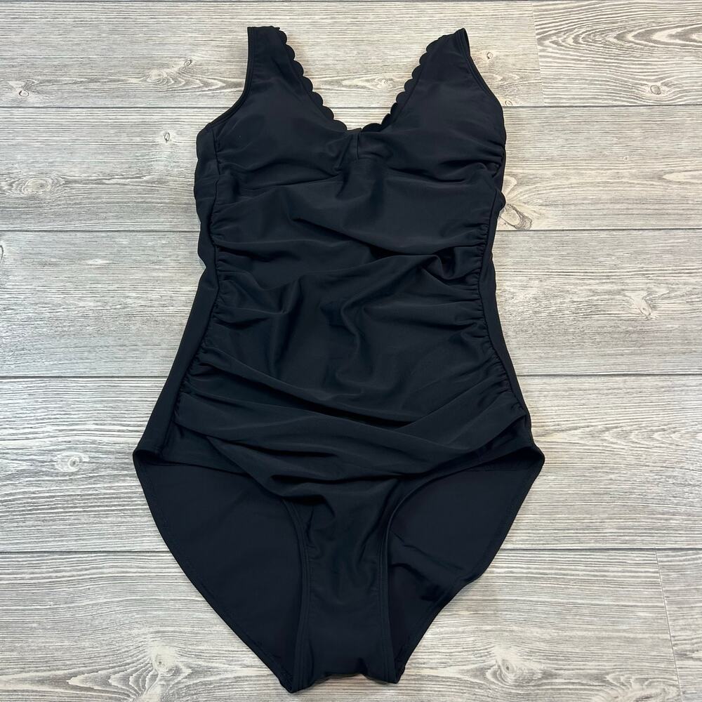 Shade & Shore Black Scallop Trim Long Torso One Piece Swimsuit NWT Large - Picture 4 of 7